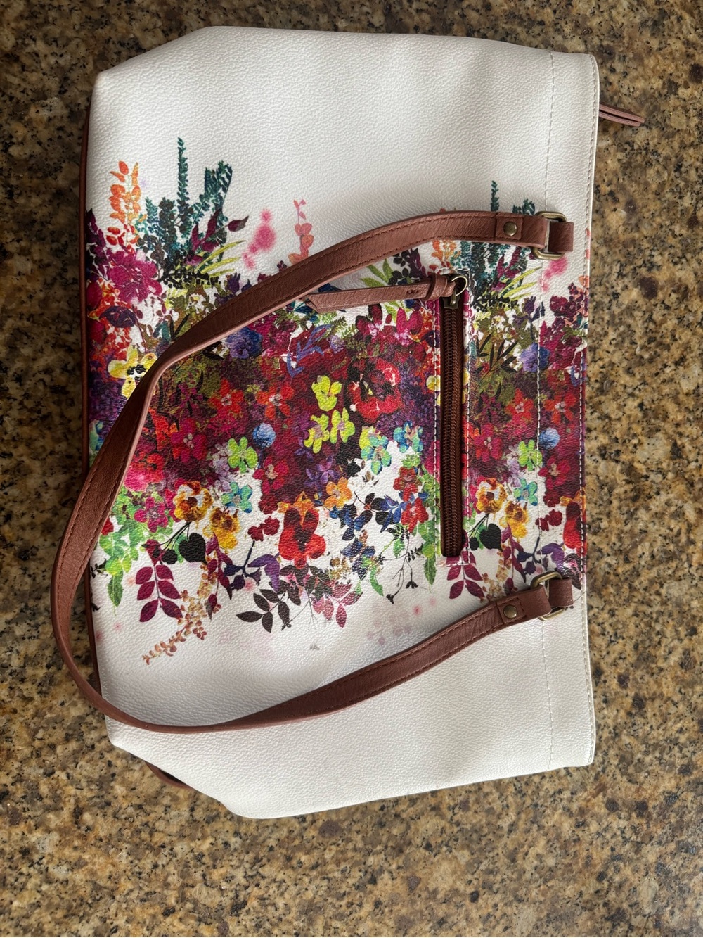 Elliott Lucca White Floral Print Tote with Brown Straps